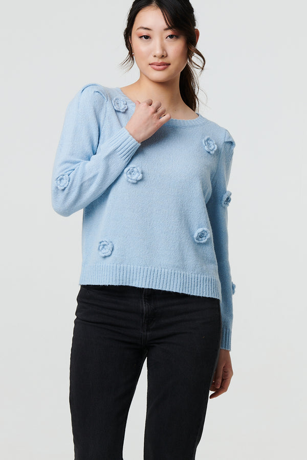 Blue | Floral Embroidered Cropped Jumper
