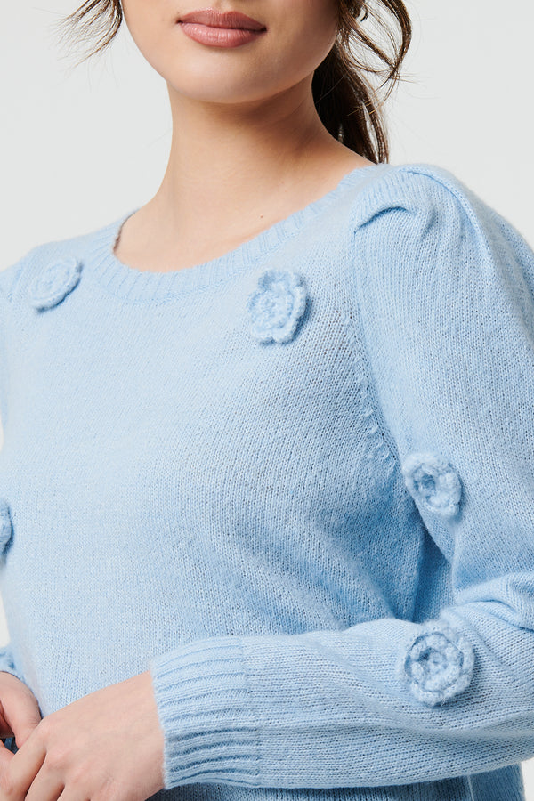 Blue | Floral Embroidered Cropped Jumper
