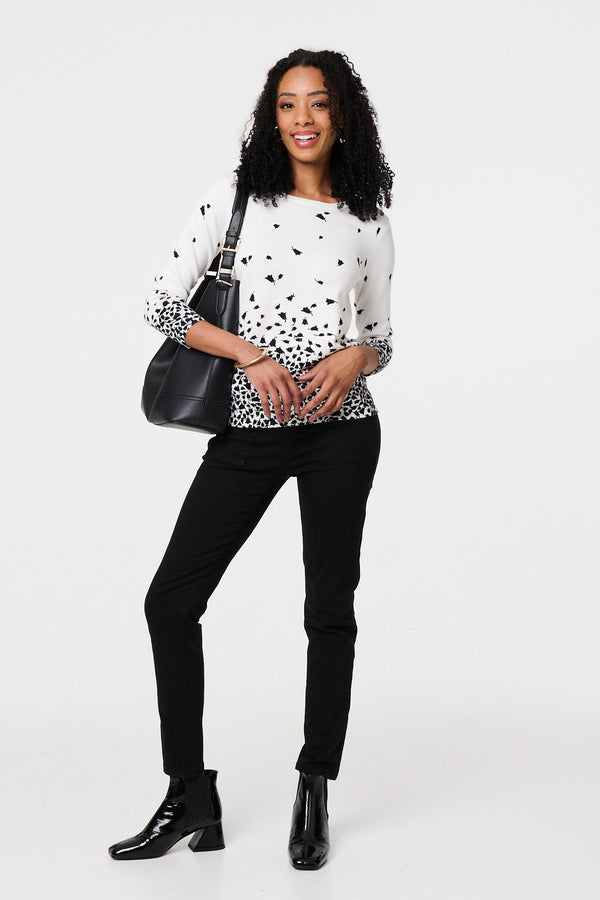 White | Bird Print 3/4 Sleeve Relaxed Knit Top
