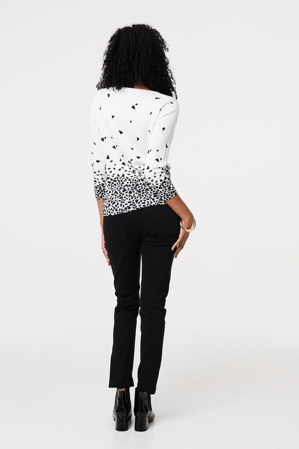 White | Bird Print 3/4 Sleeve Relaxed Knit Top
