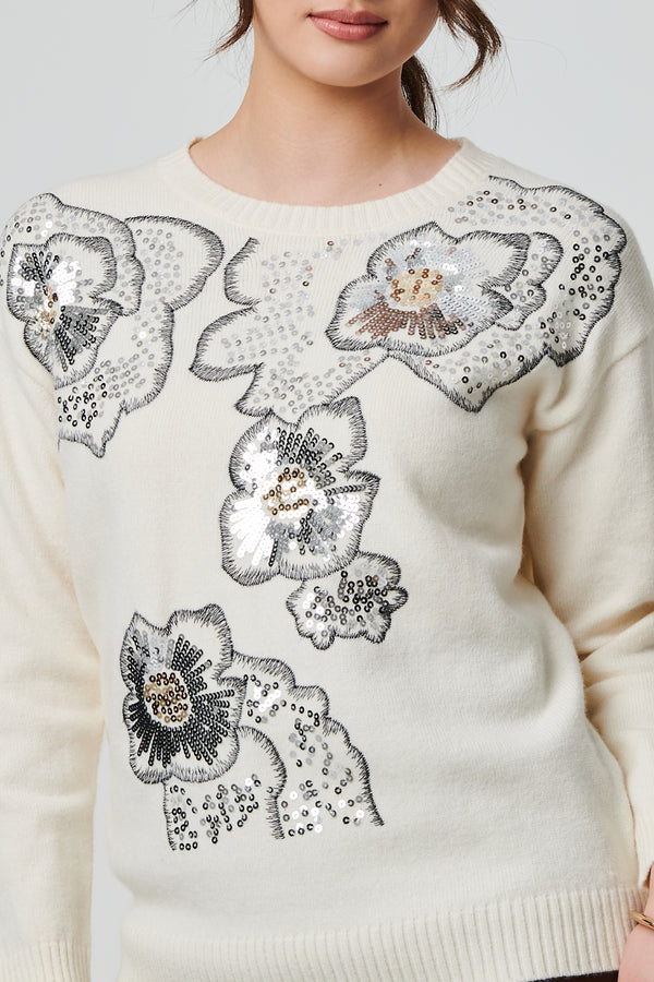 Ivory | Floral Sequin Detail Long Sleeve Jumper
