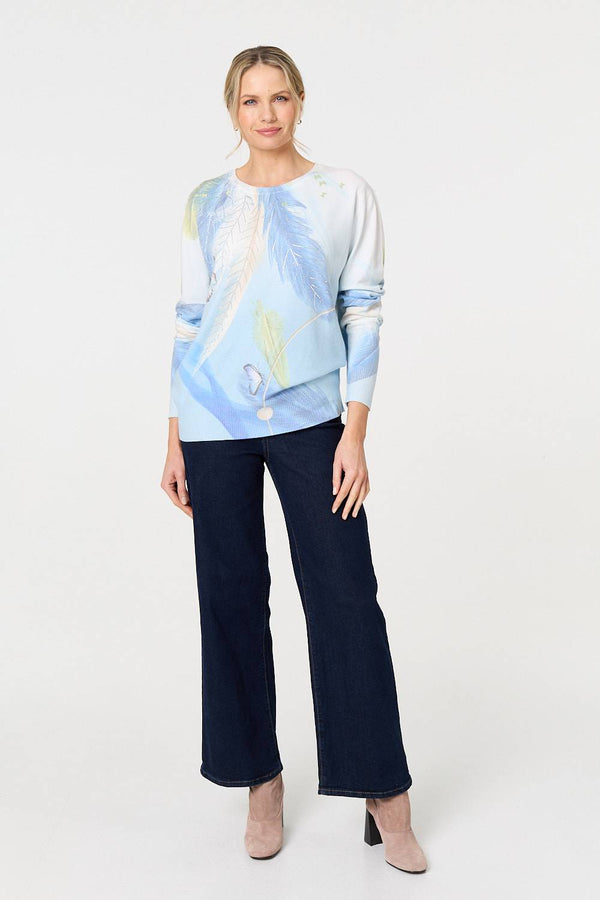 Blue | Feather Print Long Sleeve Relaxed Jumper
