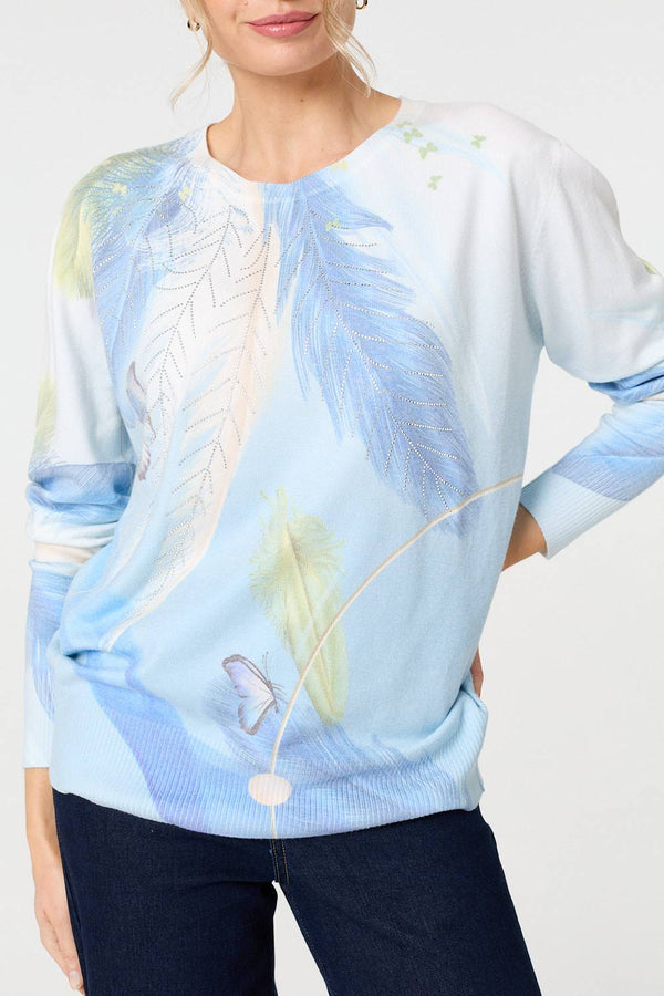 Blue | Feather Print Long Sleeve Relaxed Jumper
