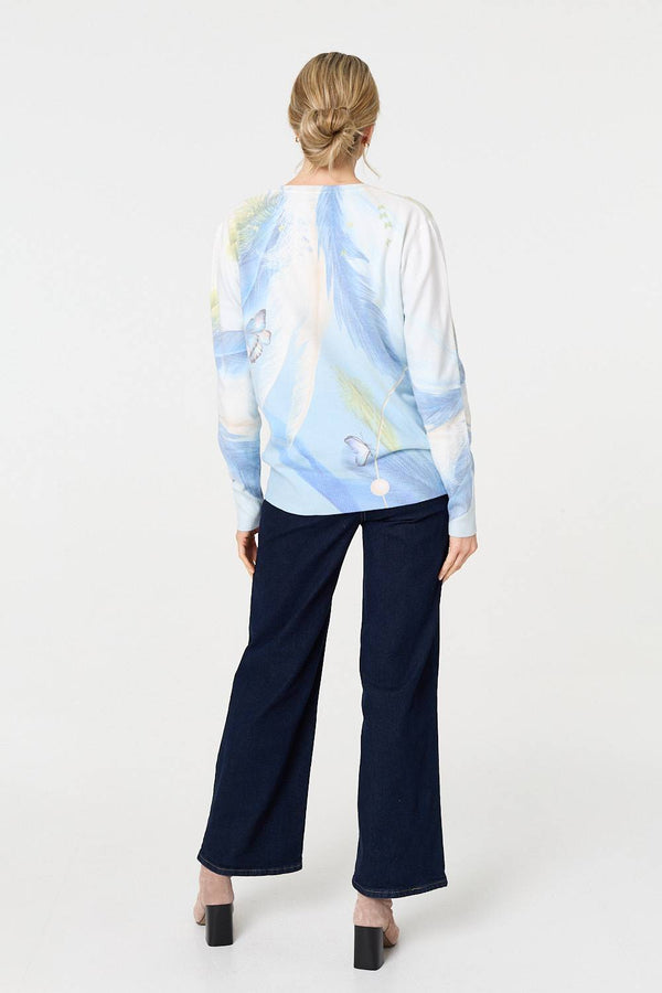 Blue | Feather Print Long Sleeve Relaxed Jumper
