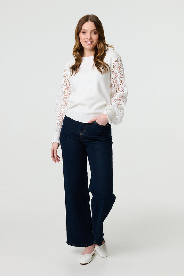 White | Sheer Lace Sleeve Knitted Jumper
