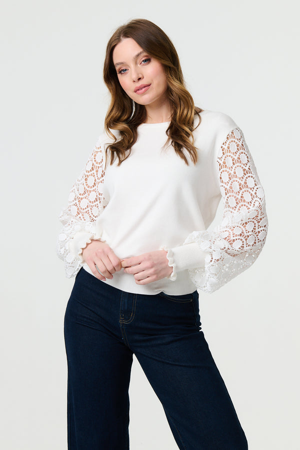 White | Sheer Lace Sleeve Knitted Jumper
