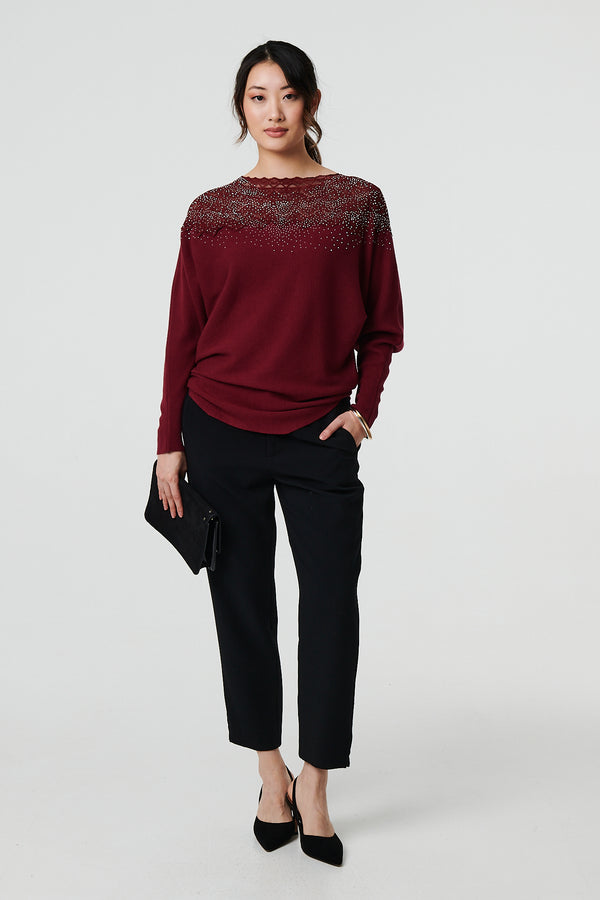 Red | Lace Trim Batwing Long Sleeve Jumper
