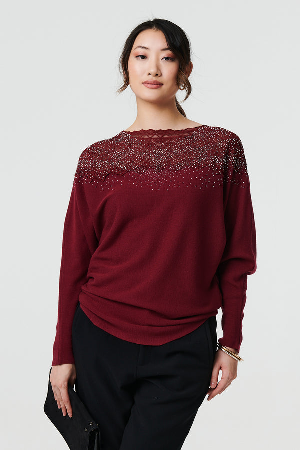 Red | Lace Trim Batwing Long Sleeve Jumper
