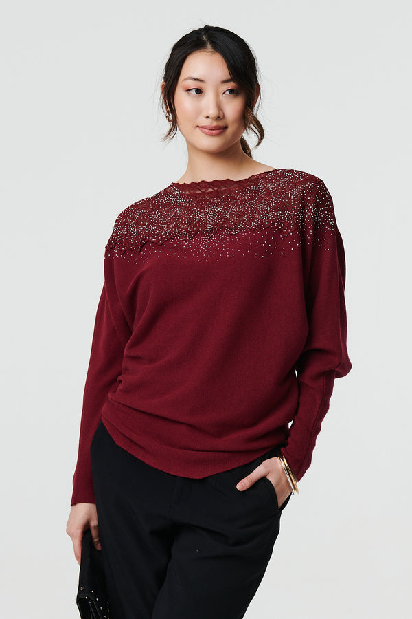 Red | Lace Trim Batwing Long Sleeve Jumper
