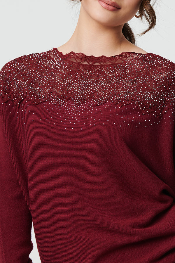 Red | Lace Trim Batwing Long Sleeve Jumper
