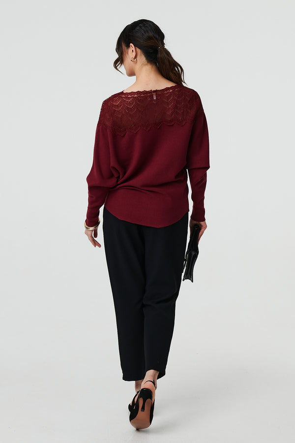 Red | Lace Trim Batwing Long Sleeve Jumper
