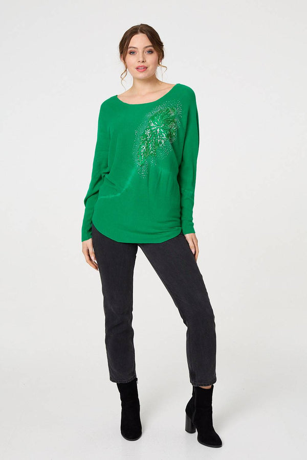 Green | Diamante Embroidered Long Sleeve Top
