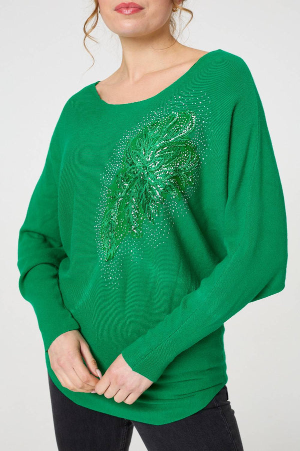 Green | Diamante Embroidered Long Sleeve Top
