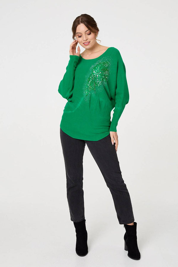 Green | Diamante Embroidered Long Sleeve Top
