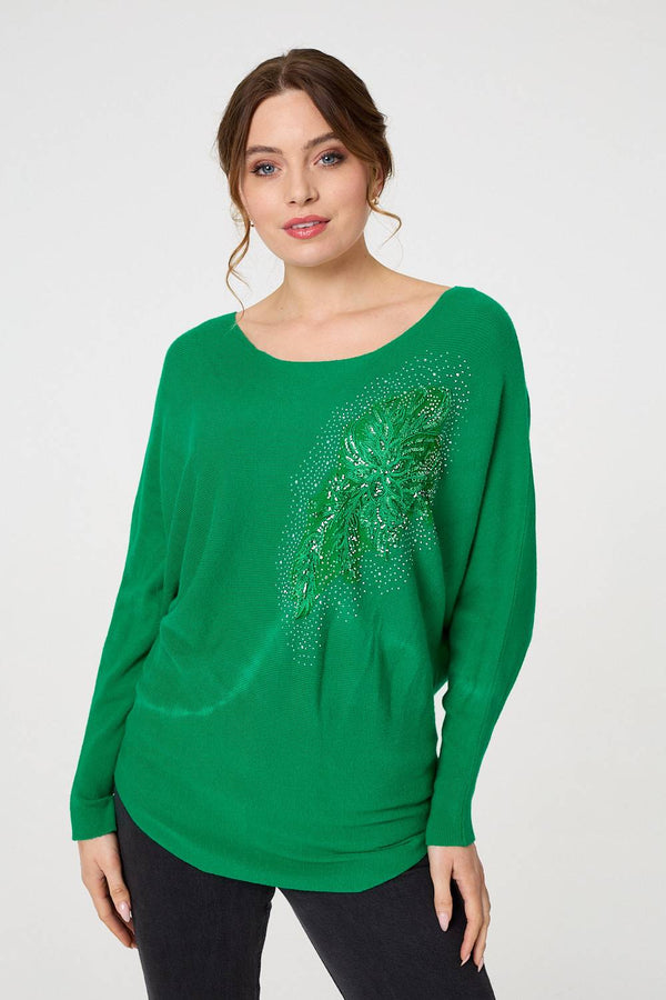 Green | Diamante Embroidered Long Sleeve Top
