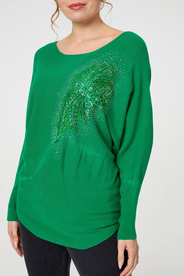 Green | Diamante Embroidered Long Sleeve Top
