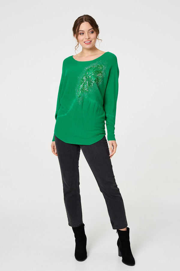 Green | Diamante Embroidered Long Sleeve Top
