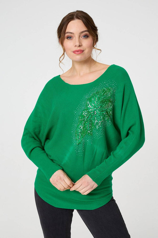 Green | Diamante Embroidered Long Sleeve Top
