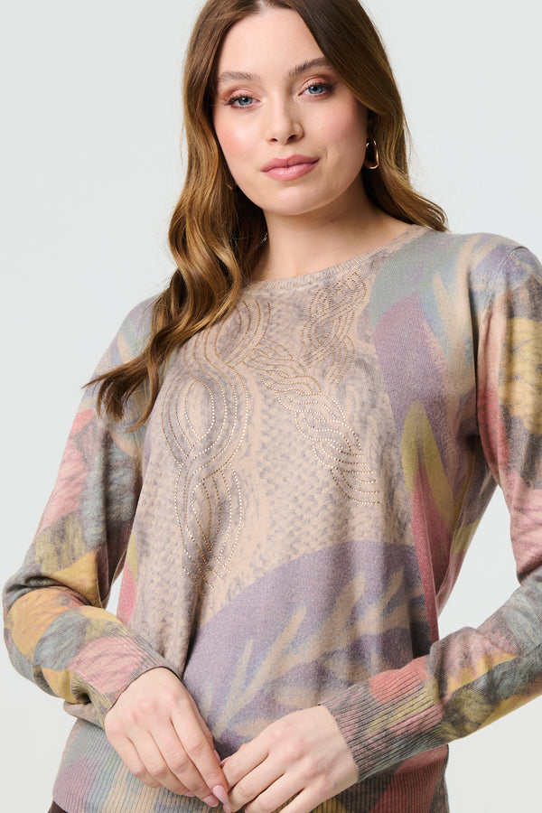 Beige | Abstract Long Sleeve Round Neck Knit Top
