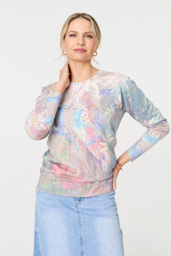 Beige | Peacock Print Diamante Studded Knit Top
