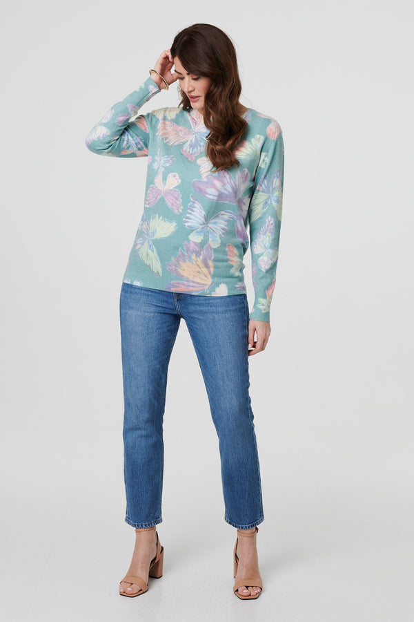 Green | Butterfly Print Diamante Detail Knit Top
