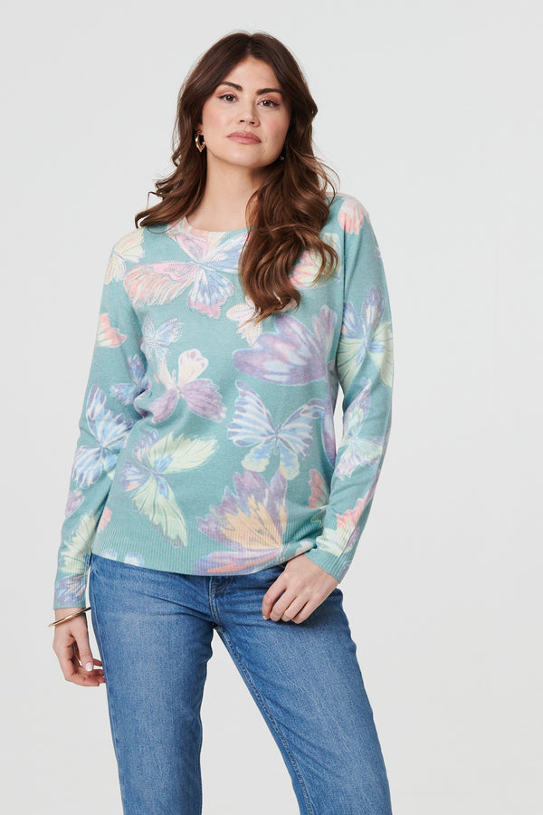 Green | Butterfly Print Diamante Detail Knit Top
