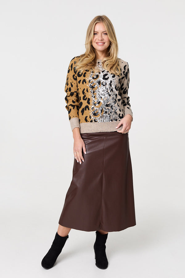 Brown | Animal Print Sequin Detail Jumper
