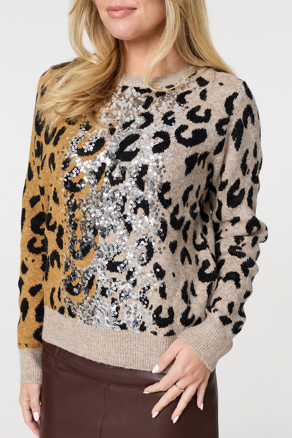 Brown | Animal Print Sequin Detail Jumper
