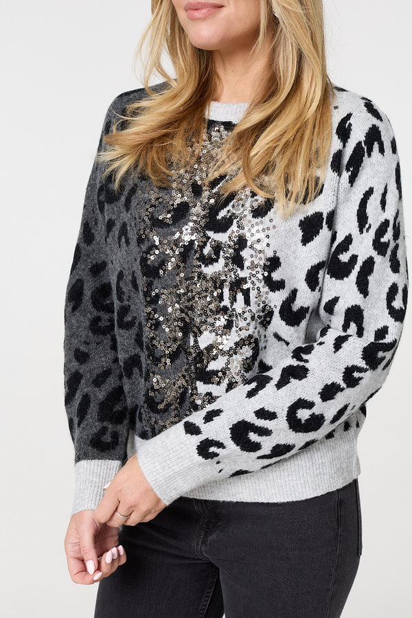 Grey | Animal Print Sequin Detail Jumper