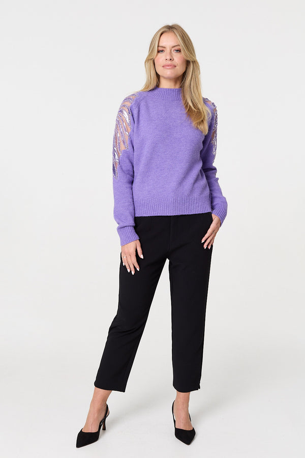 Purple | Sequin Detail High Neck Relaxed Jumper
