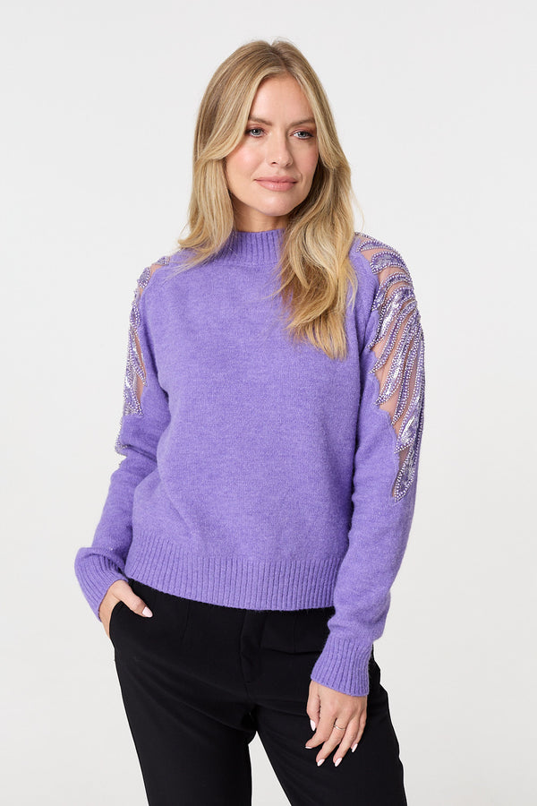 Purple | Sequin Detail High Neck Relaxed Jumper
