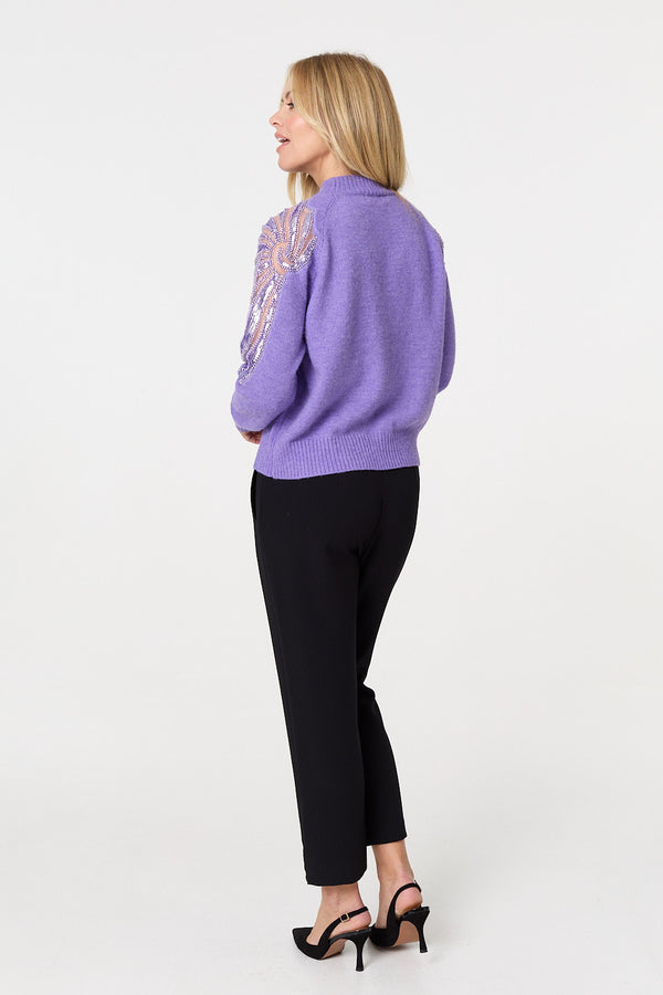 Purple | Sequin Detail High Neck Relaxed Jumper
