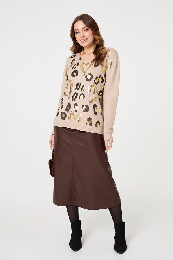 Beige | Metallic Heart Print Scoop Neck Jumper
