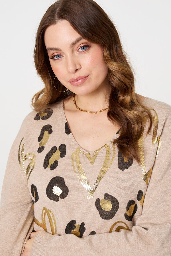 Beige | Metallic Heart Print Scoop Neck Jumper
