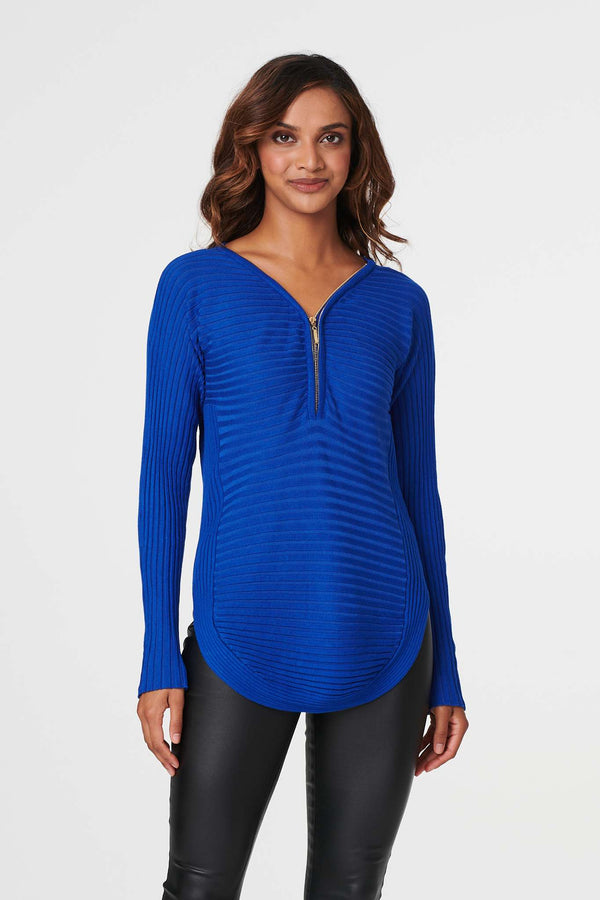 Blue | Zip Detail Ribbed Knit Pullover : Model is 5'10"/178 cm and wears UK8/EU36/US4/AUS8