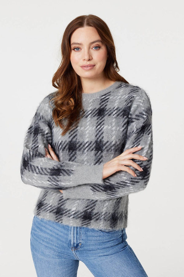 Grey | Checked Long Sleeve Knit Pullover