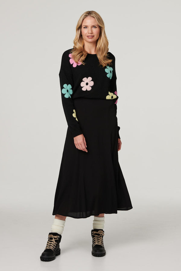 Black | Floral Long Sleeve Knit Pullover