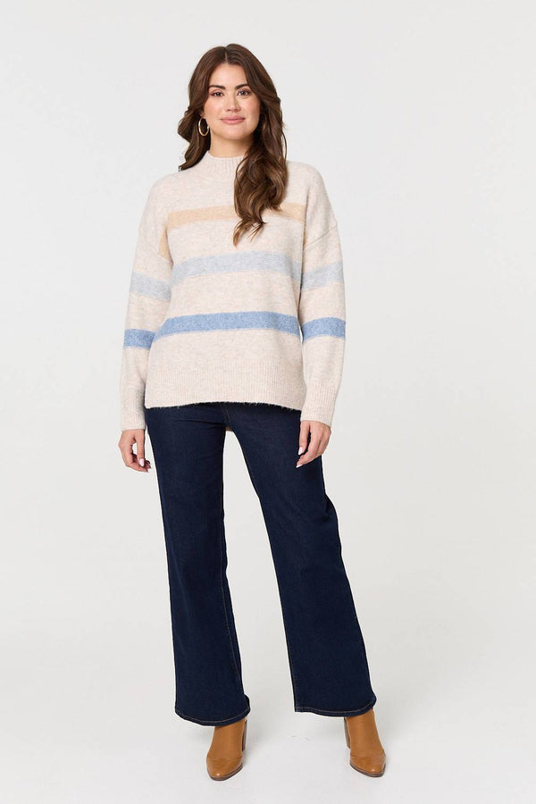 Ivory | Striped High Neck Boxy Jumper
