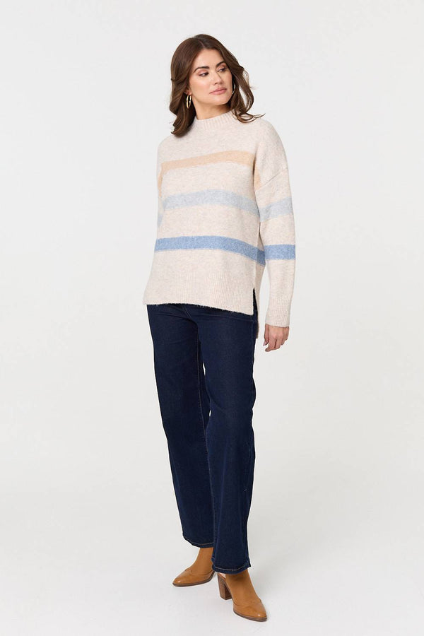 Ivory | Striped High Neck Boxy Jumper
