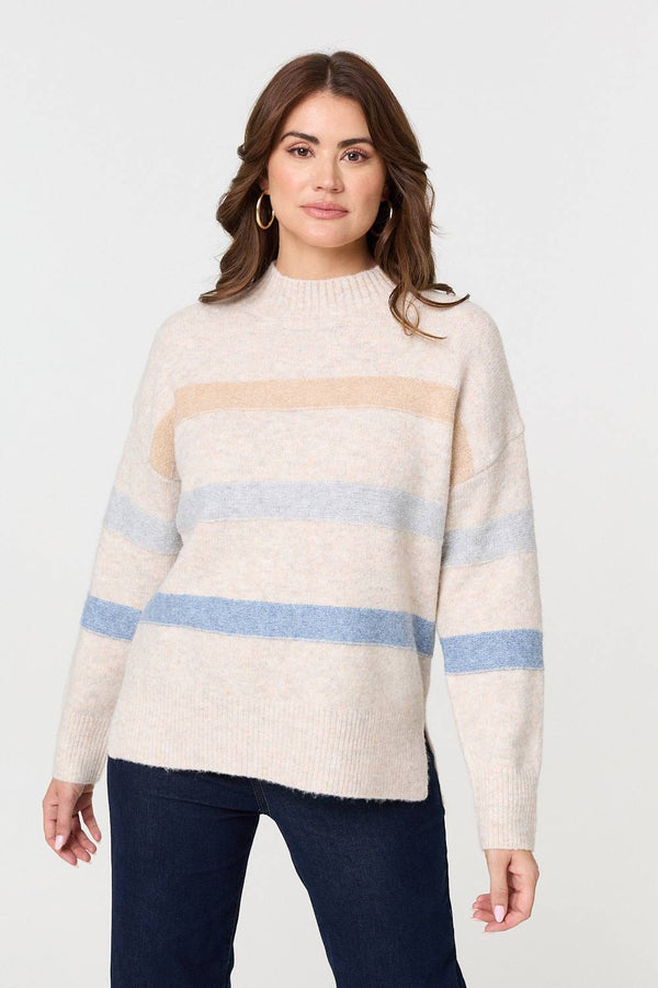 Ivory | Striped High Neck Boxy Jumper
