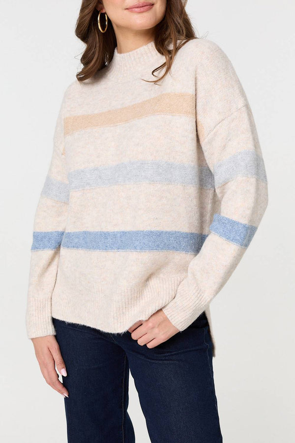 Ivory | Striped High Neck Boxy Jumper
