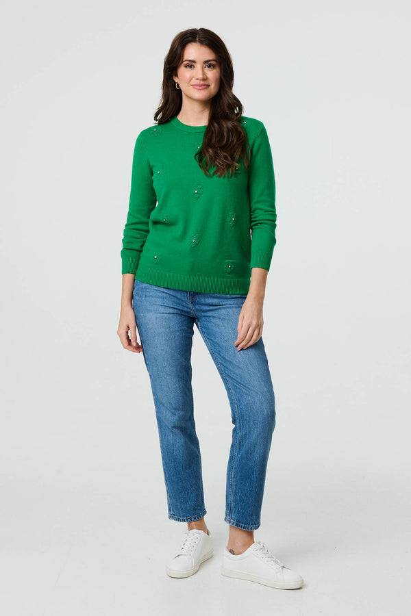 Green | Floral Gemstone Embellished Jumper
