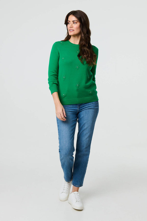 Green | Floral Gemstone Embellished Jumper
