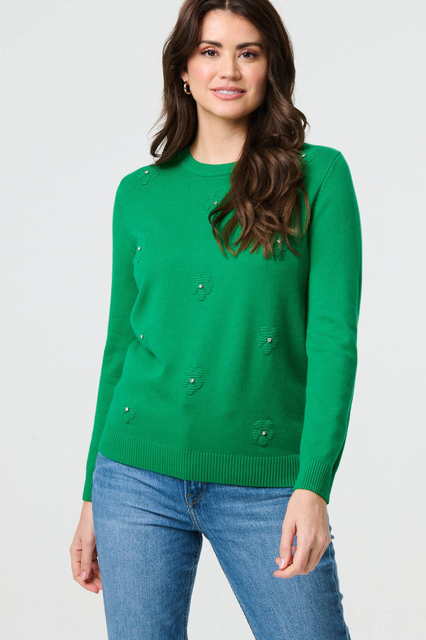 Green | Floral Gemstone Embellished Jumper
