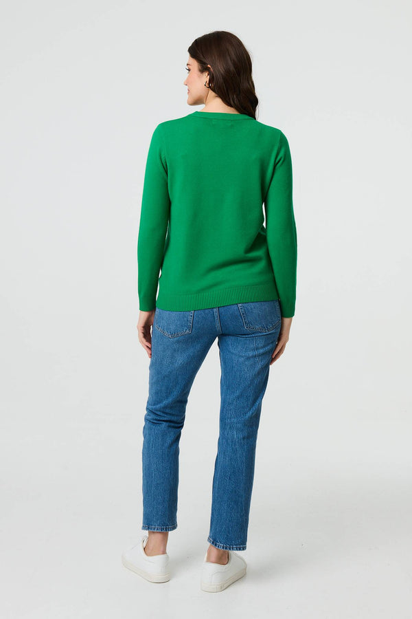 Green | Floral Gemstone Embellished Jumper
