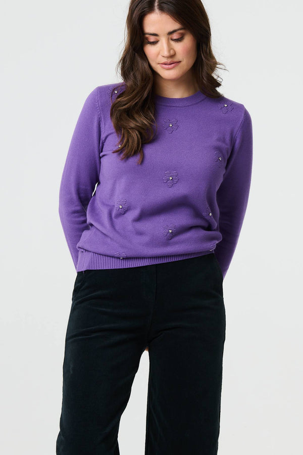 Purple | Floral Gemstone Embellished Jumper
