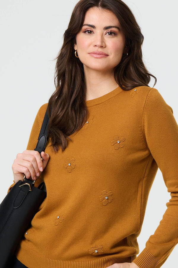 Mustard | Floral Gemstone Embellished Jumper
