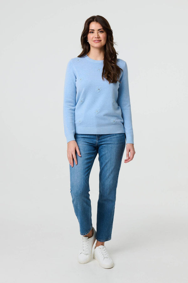 Light Blue | Floral Gemstone Embellished Jumper
