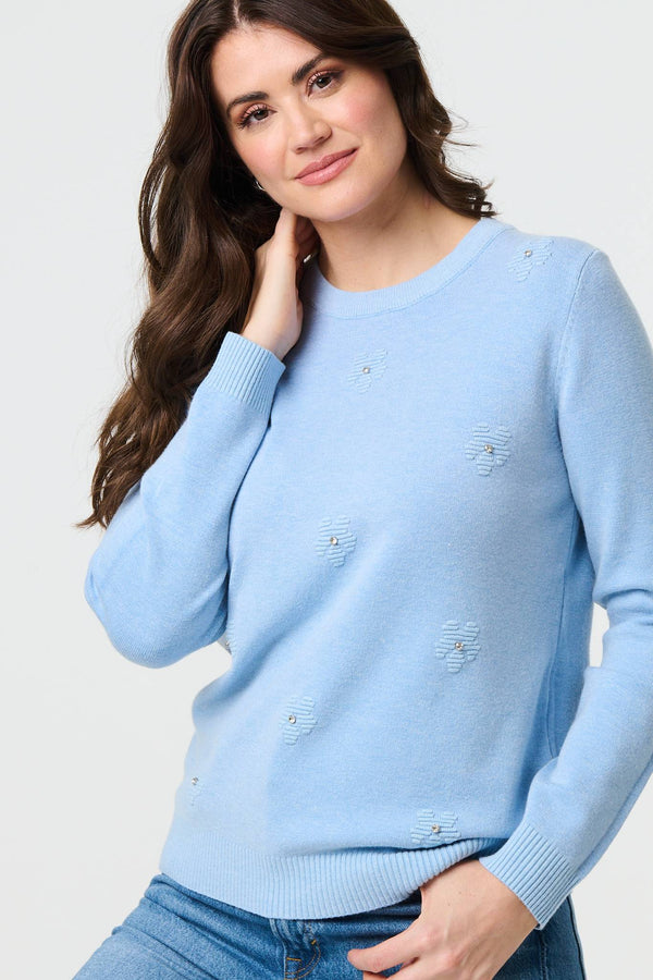 Light Blue | Floral Gemstone Embellished Jumper
