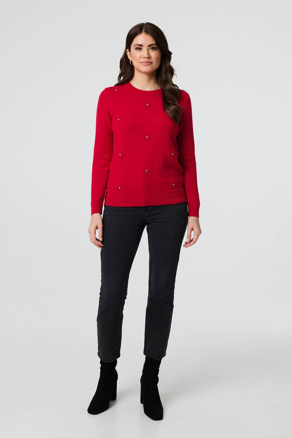 Red | Floral Gemstone Embellished Jumper
